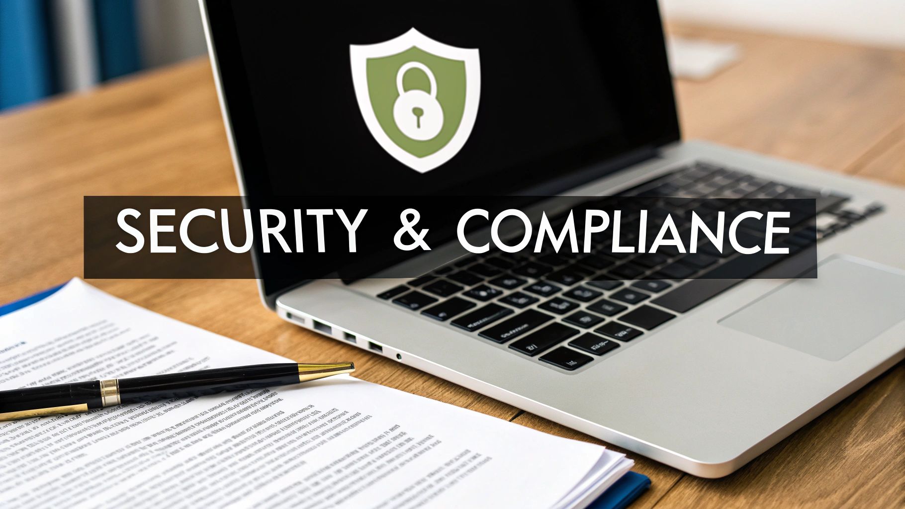 A laptop screen displays a security shield and padlock icon with 'SECURITY &amp; COMPLIANCE' text.