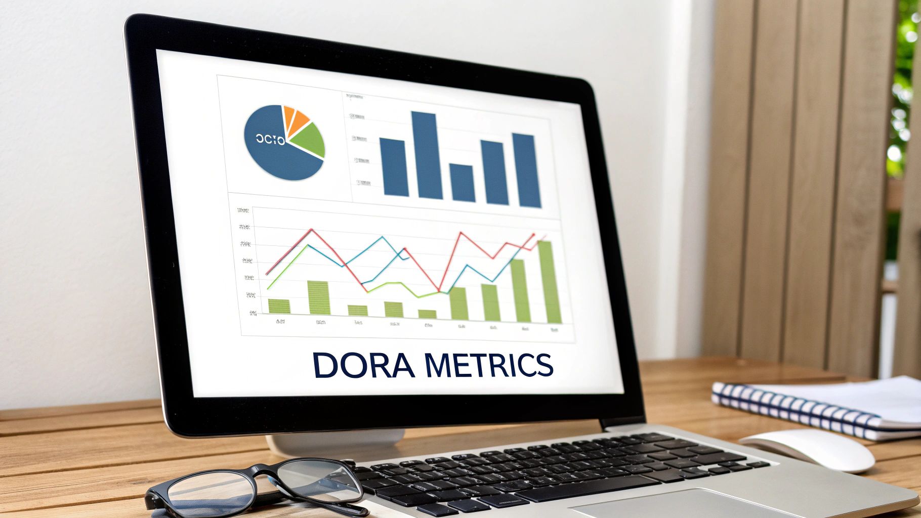 Laptop displaying DORA metrics charts and graphs, including pie, bar, and line charts, on a wooden desk.