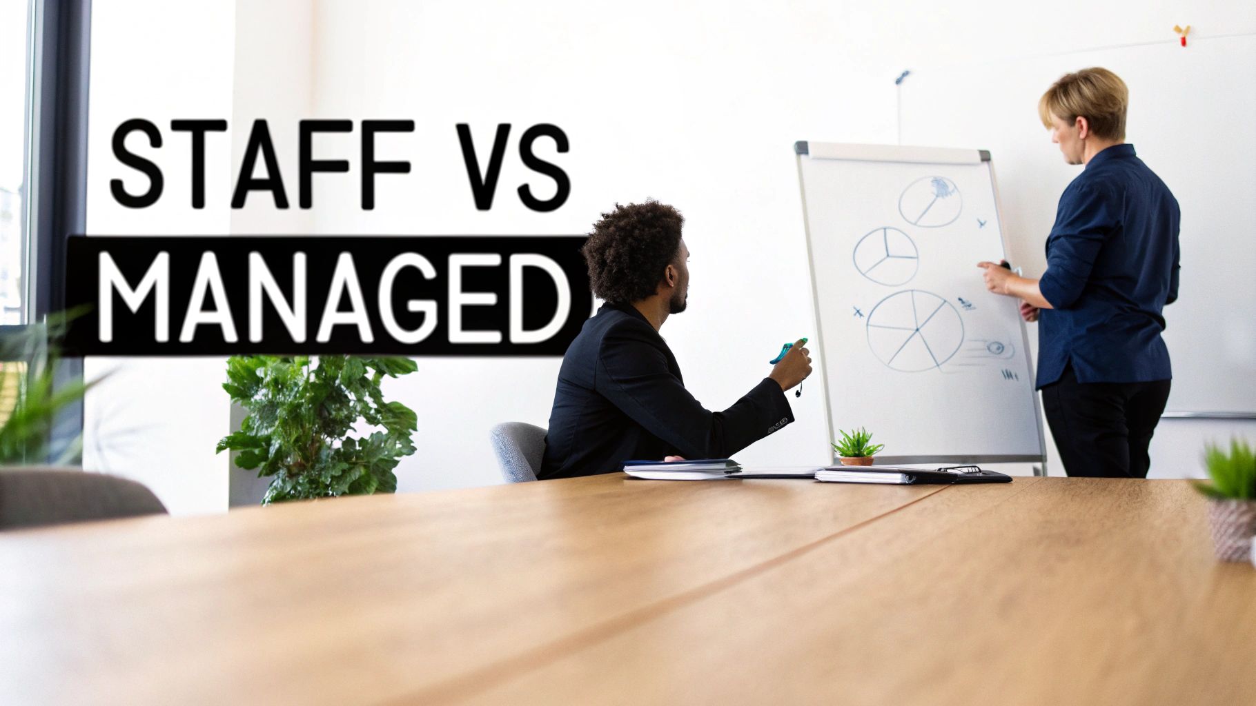 Two professionals discuss charts on a whiteboard in an office with overlaid text 'STAFF VS MANAGED'.