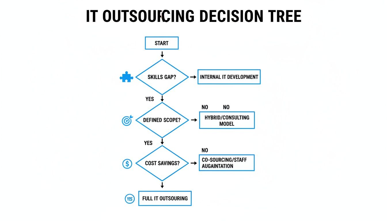 Flowchart detailing the IT outsourcing decision tree based on skills gap, defined scope, and cost savings.