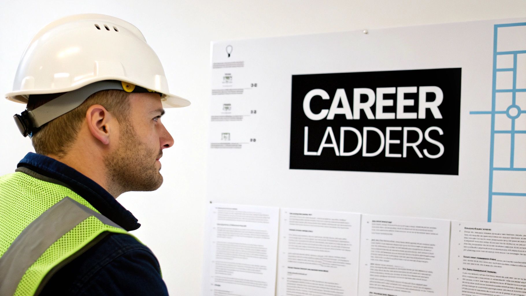 A construction worker in a hard hat and safety vest looks at a white board displaying 'CAREER LADDERS' and work information.