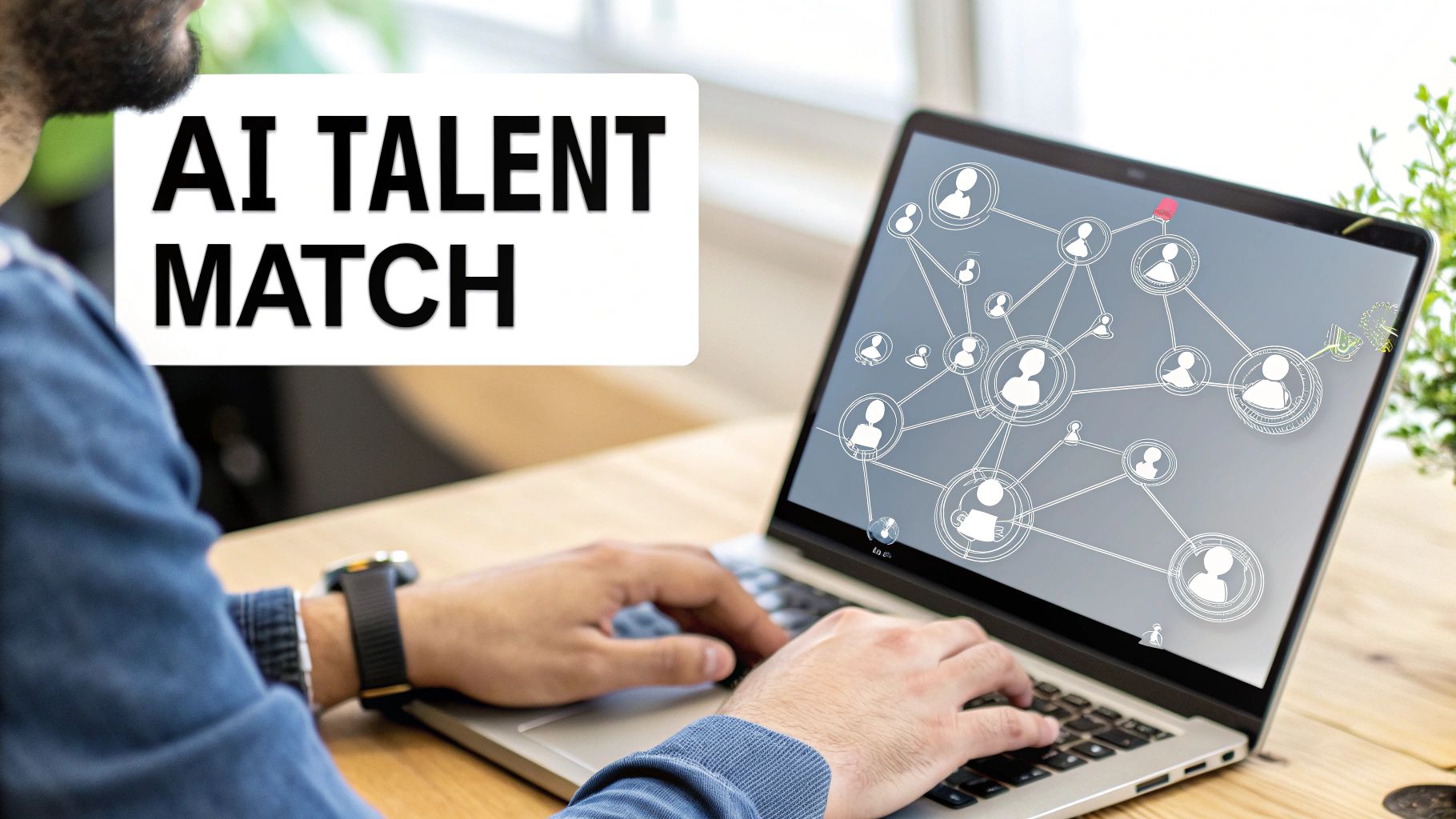 Professional using AI talent matching platform on laptop displaying network of connected candidate profiles