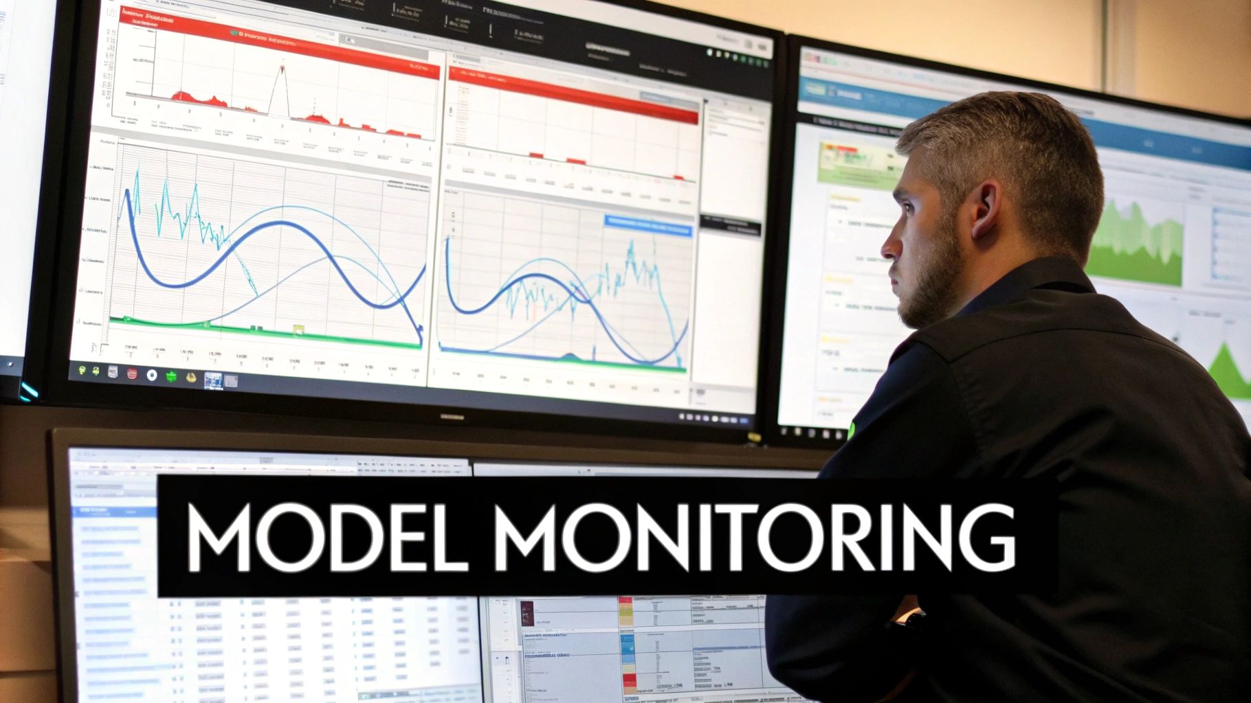A man monitors multiple computer screens displaying data analytics, graphs, and model performance.
