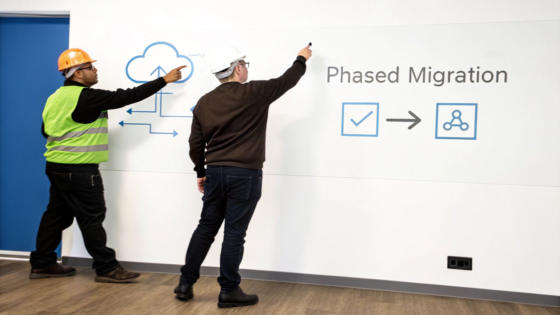 Two men in hard hats discuss a cloud phased migration strategy on a wall graphic.