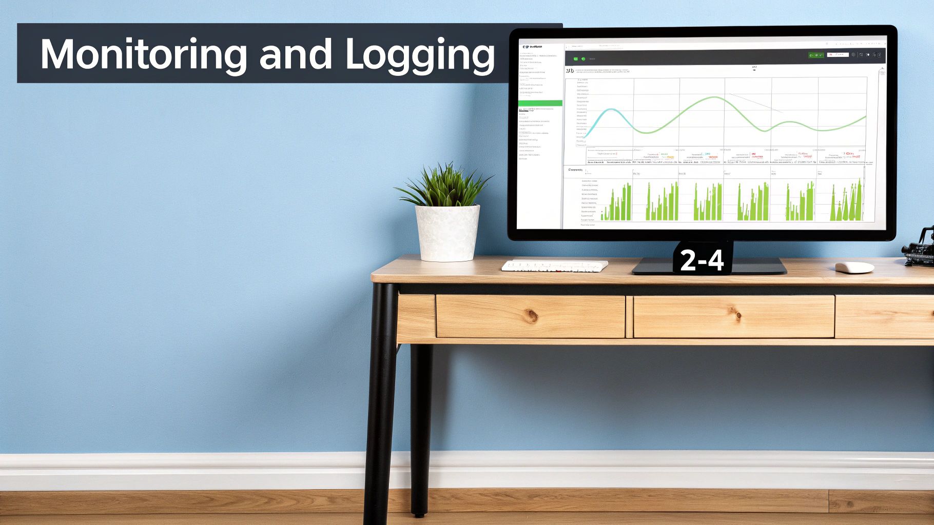 A computer monitor on a desk shows a monitoring and logging dashboard, with a plant and keyboard.