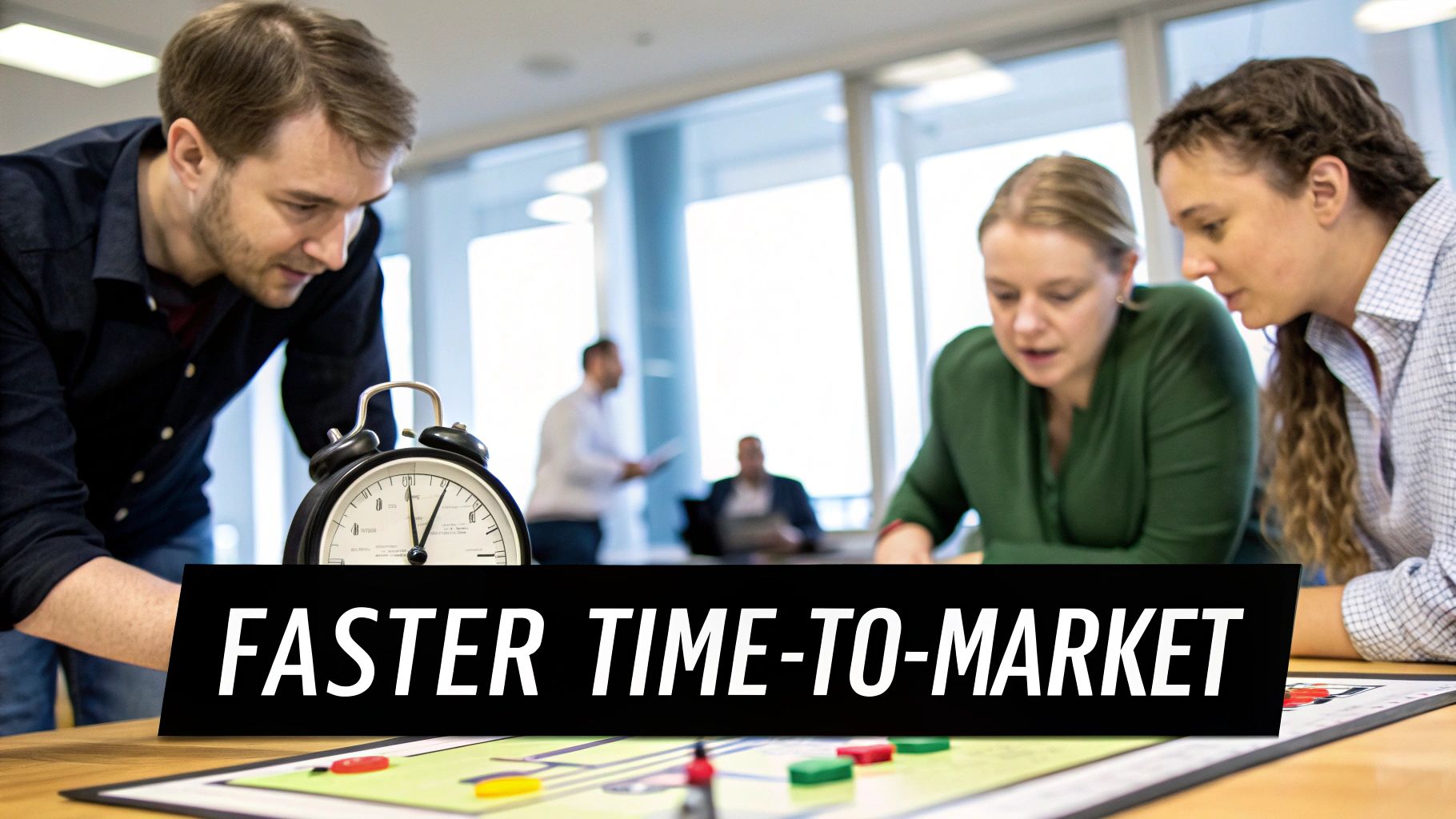 Business professionals collaborating around a table with an alarm clock, emphasizing faster time-to-market.