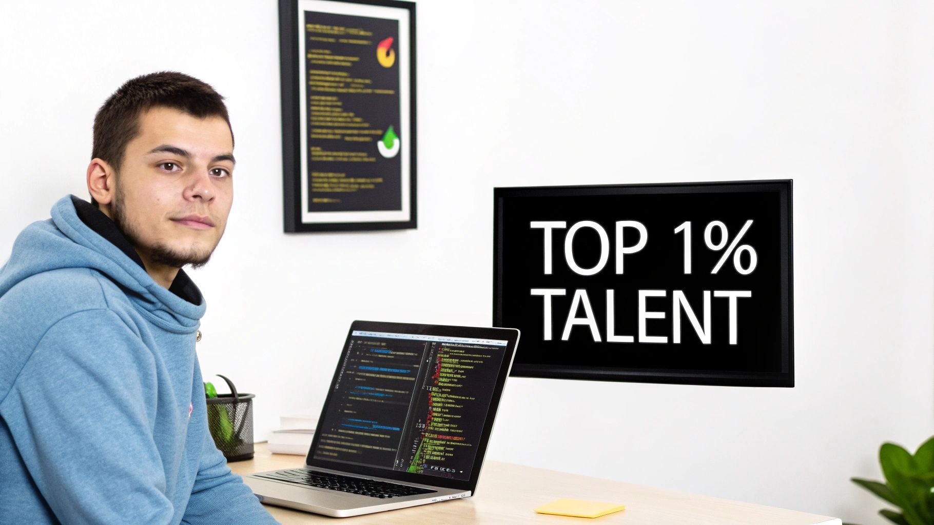 A young man in a blue hoodie works on a laptop, with 'TOP 1% TALENT' displayed on a monitor.