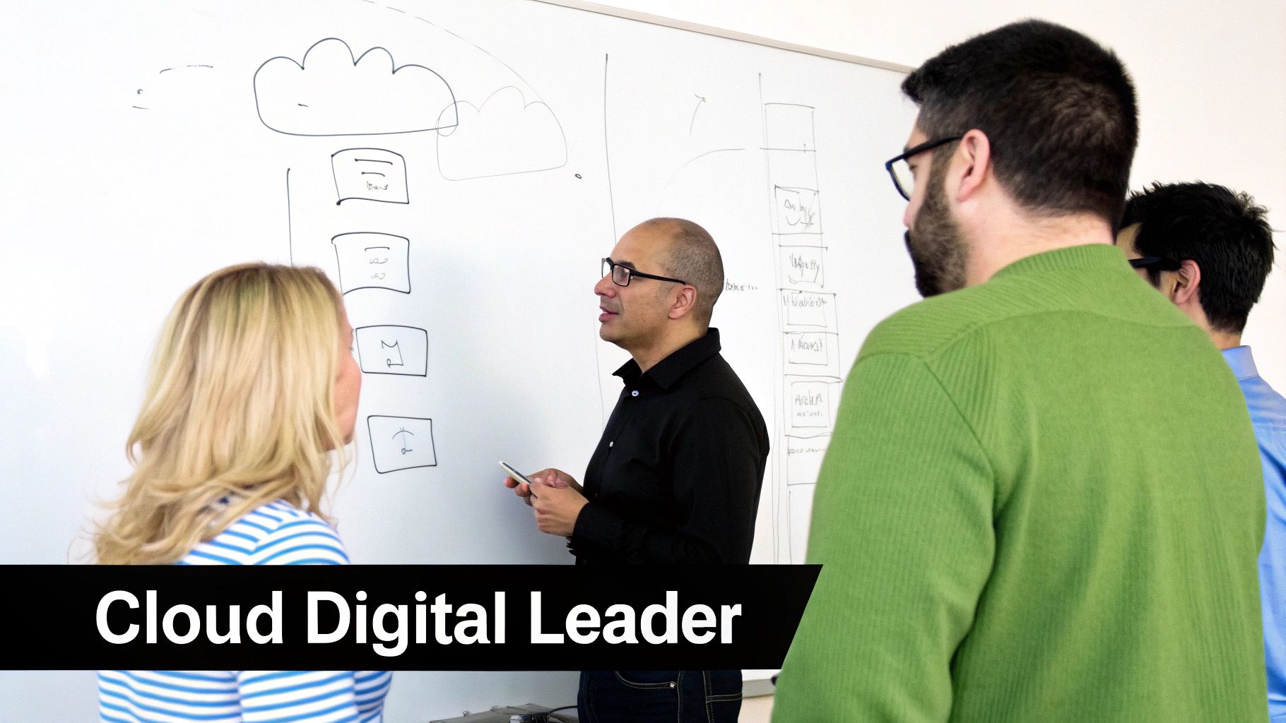 Diverse team collaborating on cloud architecture diagrams on a whiteboard during a meeting, with text 'Cloud Digital Leader'.