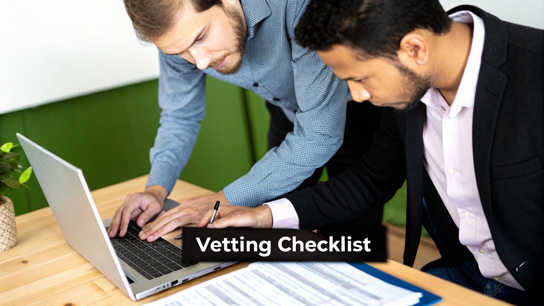 Two professionals vetting documents and collaborating on a laptop, with a 'Vetting Checklist' text overlay.