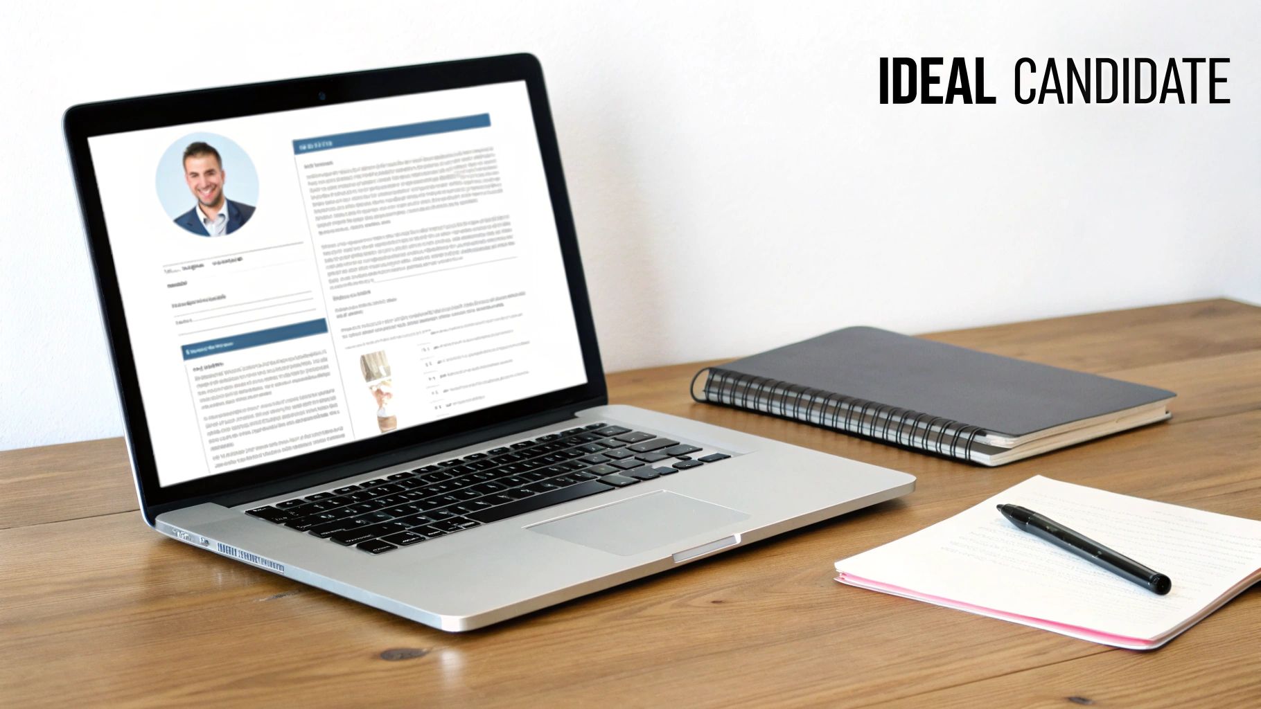 A laptop screen shows a resume of a smiling male candidate on a wooden desk with a notebook and pen.