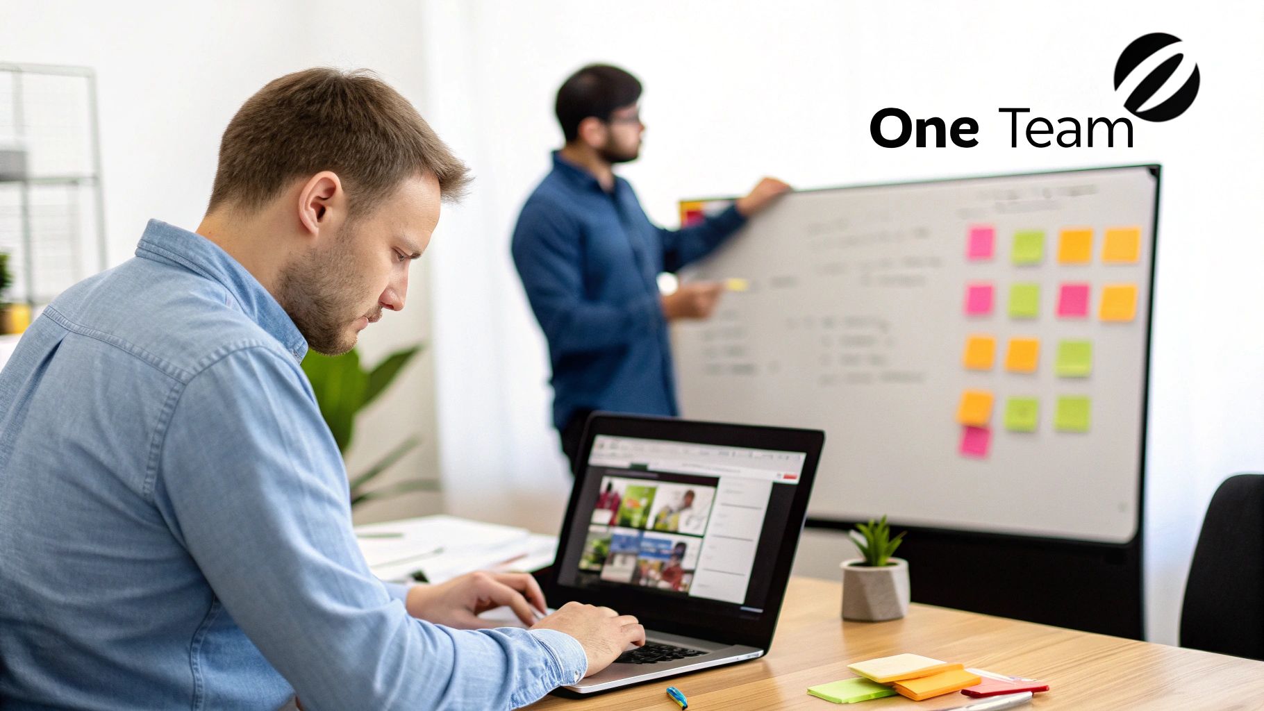 Two men collaborating in an office, one working on a laptop, another presenting on a whiteboard with sticky notes.