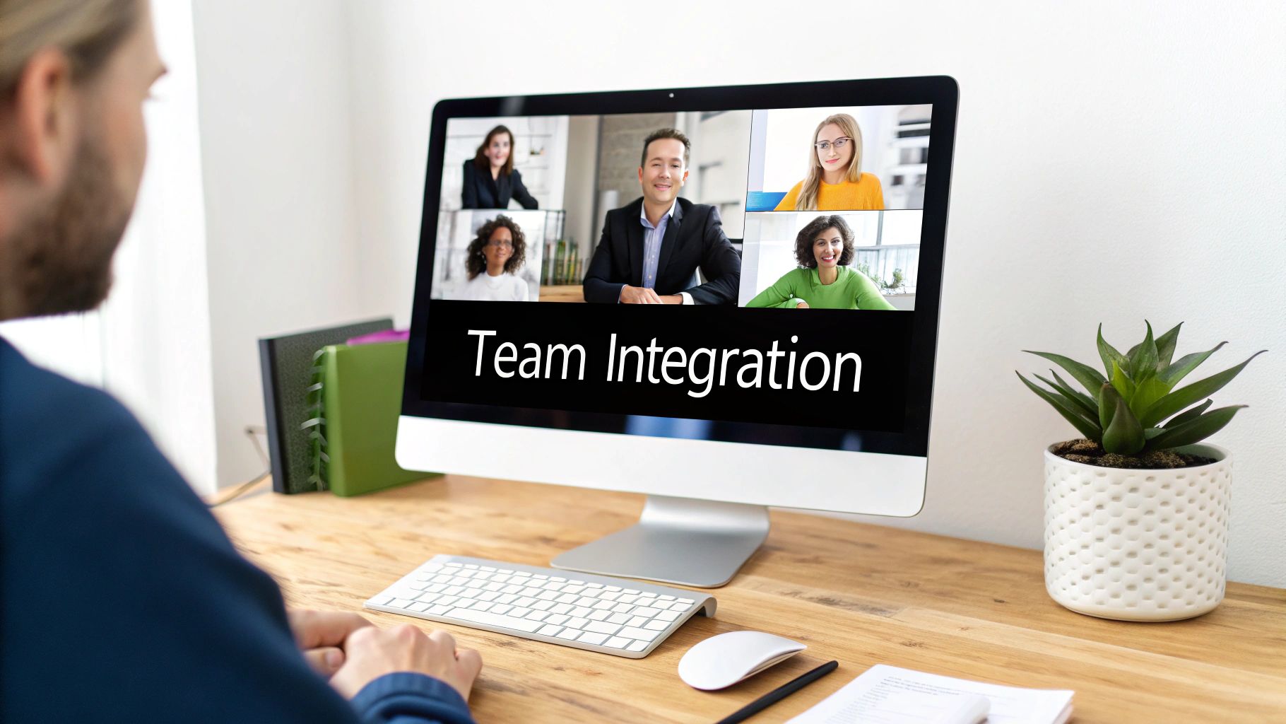 Person watching a video conference on a desktop computer, showing 'Team Integration' and five people.