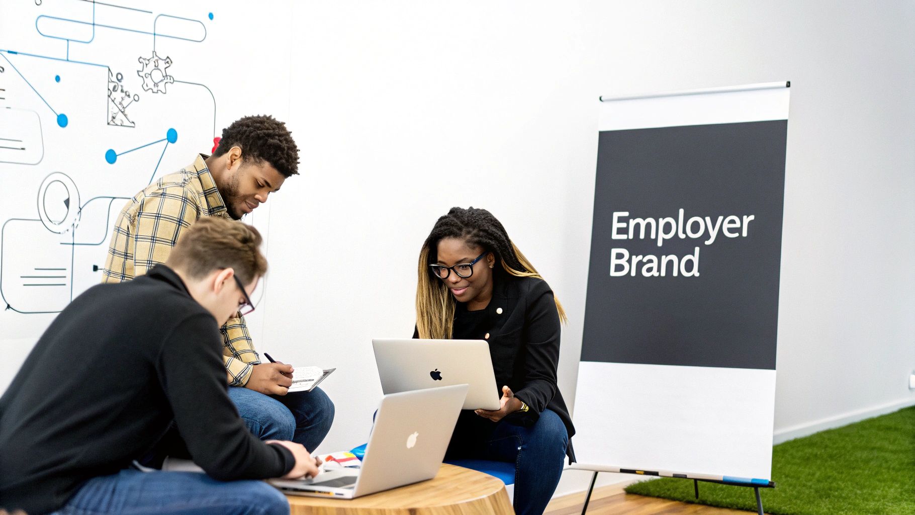 Diverse team collaborates on laptops in a modern office, with a banner displaying "Employer Brand".