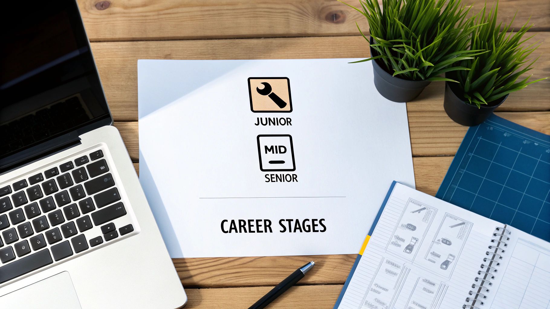 Overhead view of a desk with a paper illustrating Junior, Mid, and Senior career stages.