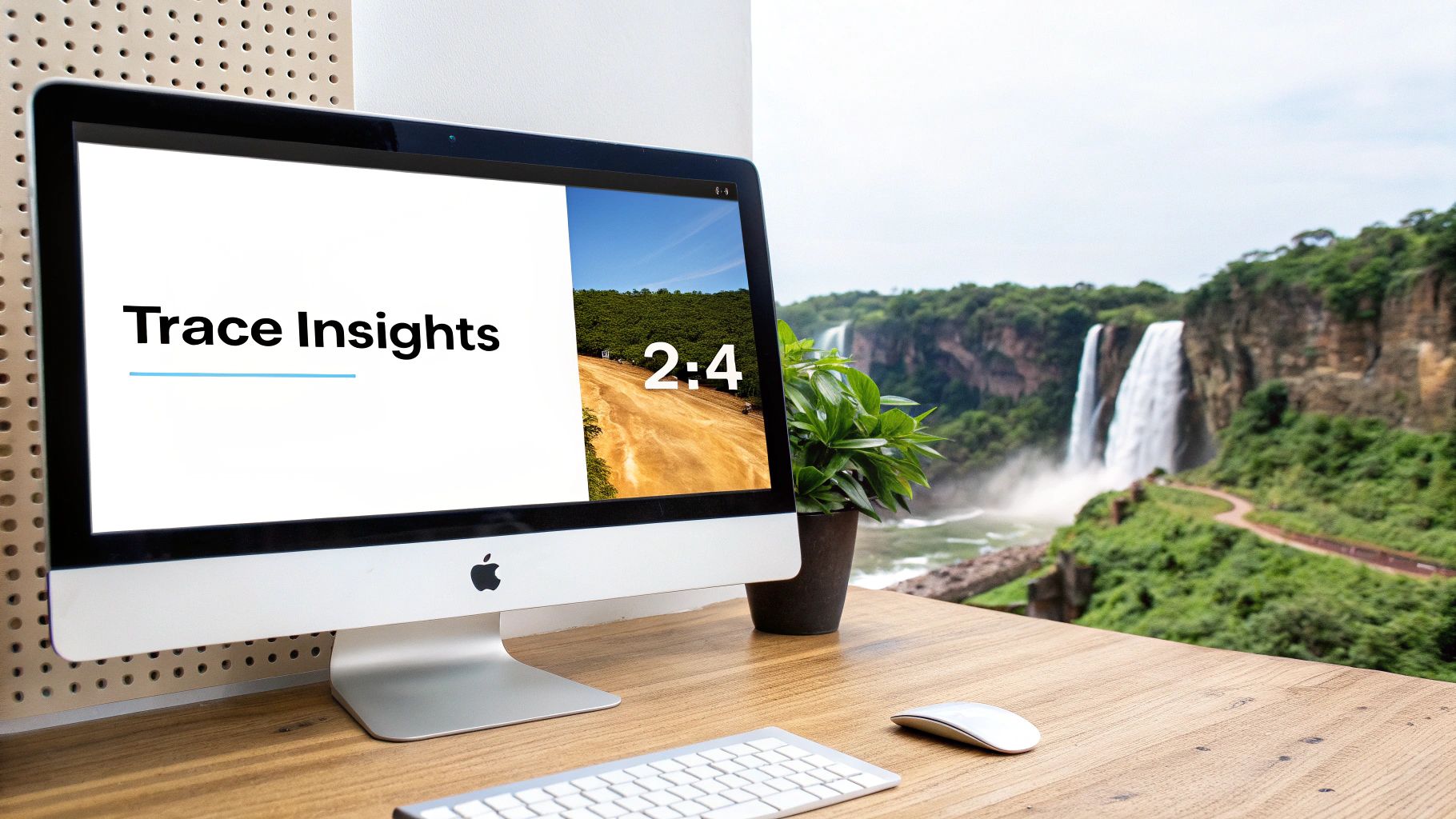 An iMac displaying 'Trace Insights' sits on a wooden desk, overlooking a majestic waterfall.