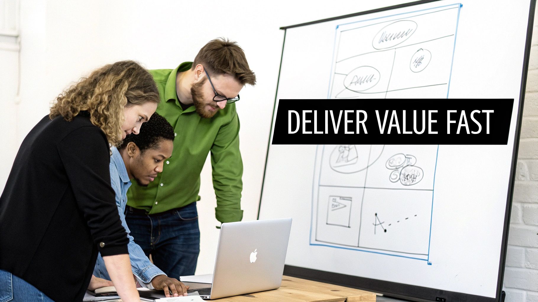 Three diverse professionals collaborate around a laptop, discussing diagrams on a whiteboard to deliver value fast.