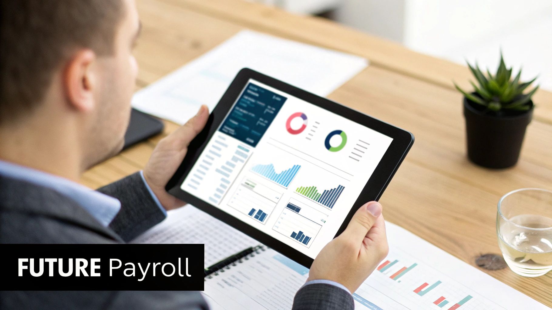 A futuristic dashboard shows global workforce analytics and AI-driven insights.