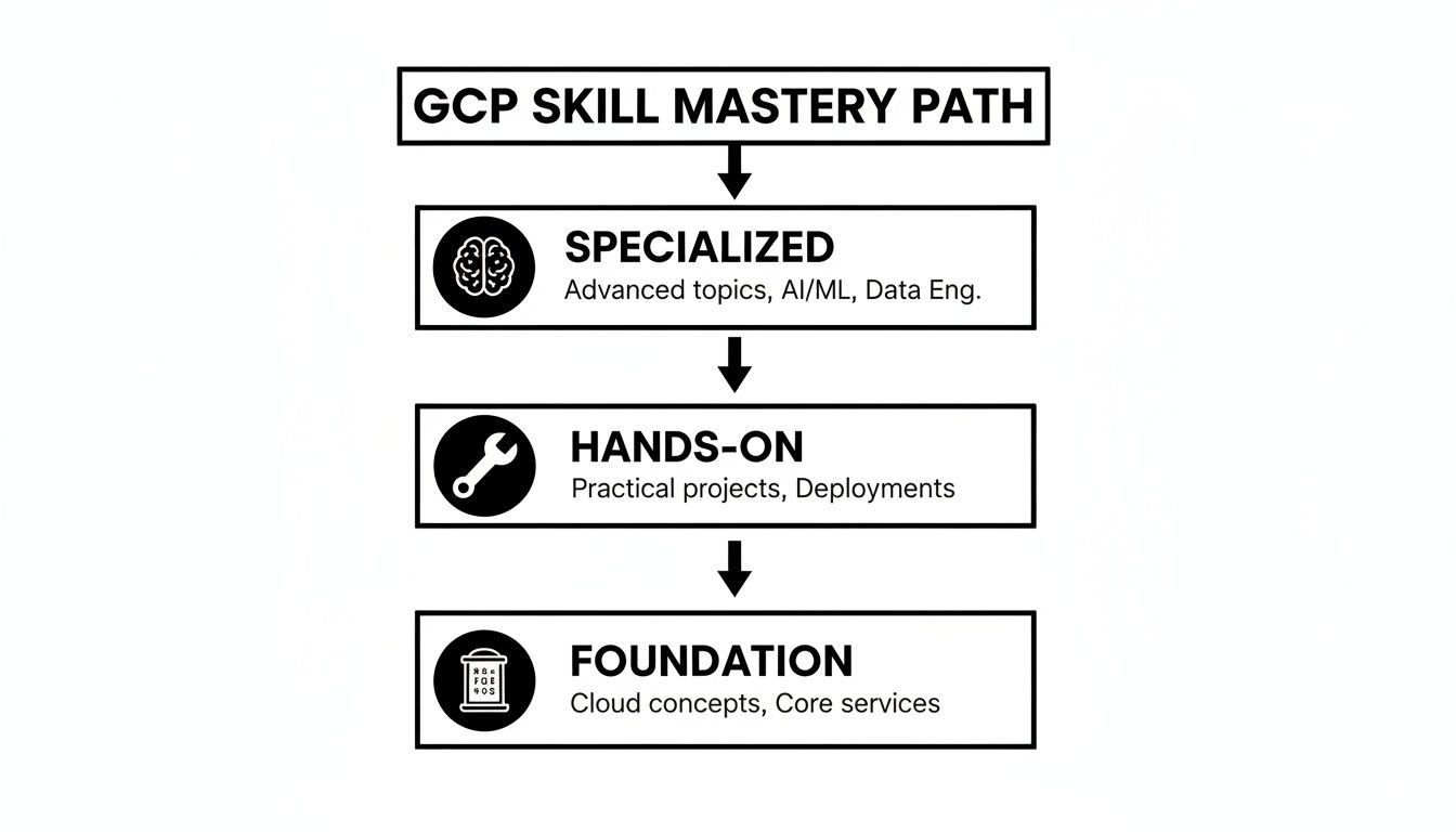 A diagram outlining the GCP skill mastery path, from foundation cloud concepts to specialized topics.