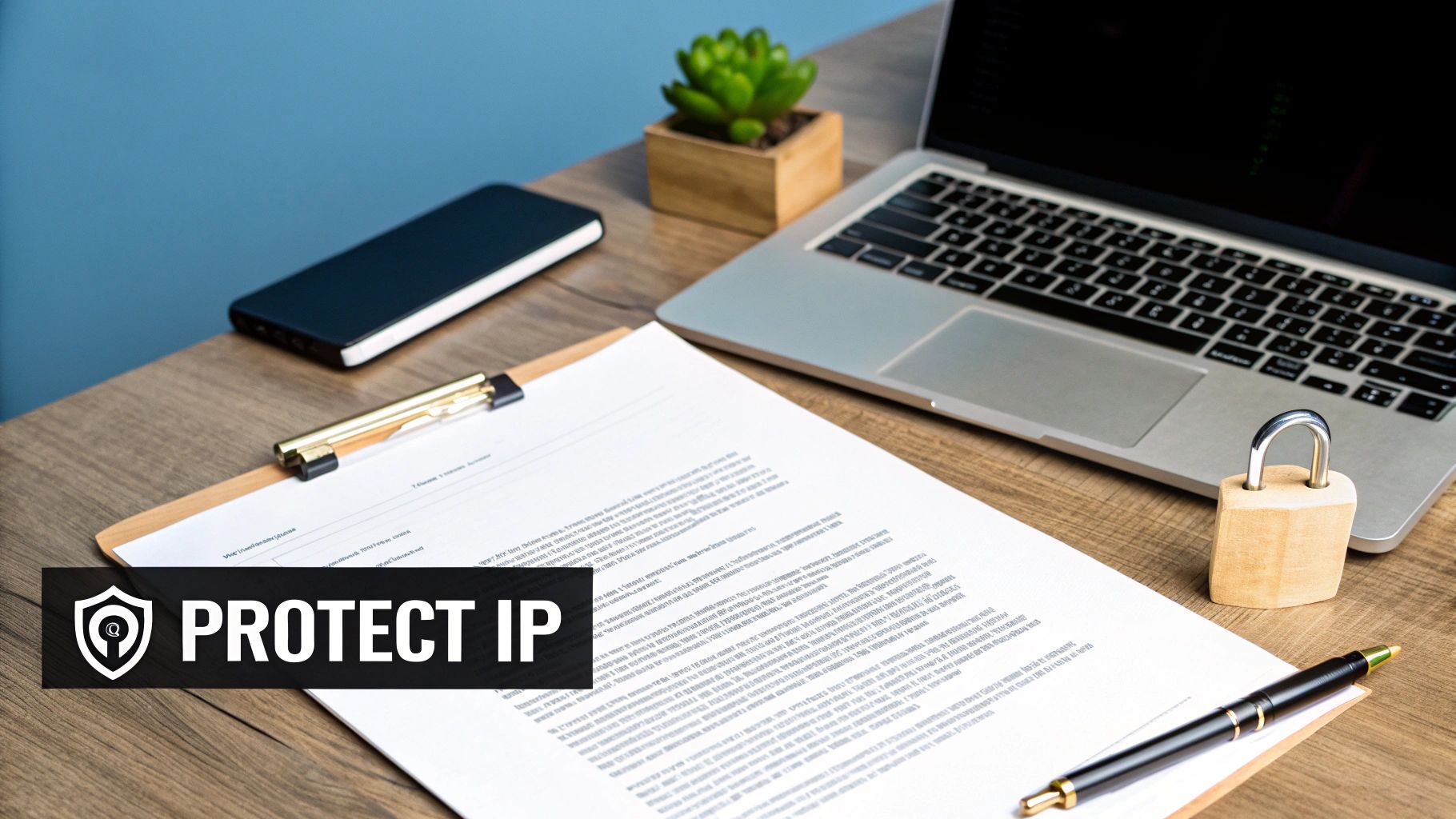 A business desk featuring a laptop, documents, a smartphone, and a wooden padlock, emphasizing intellectual property security.