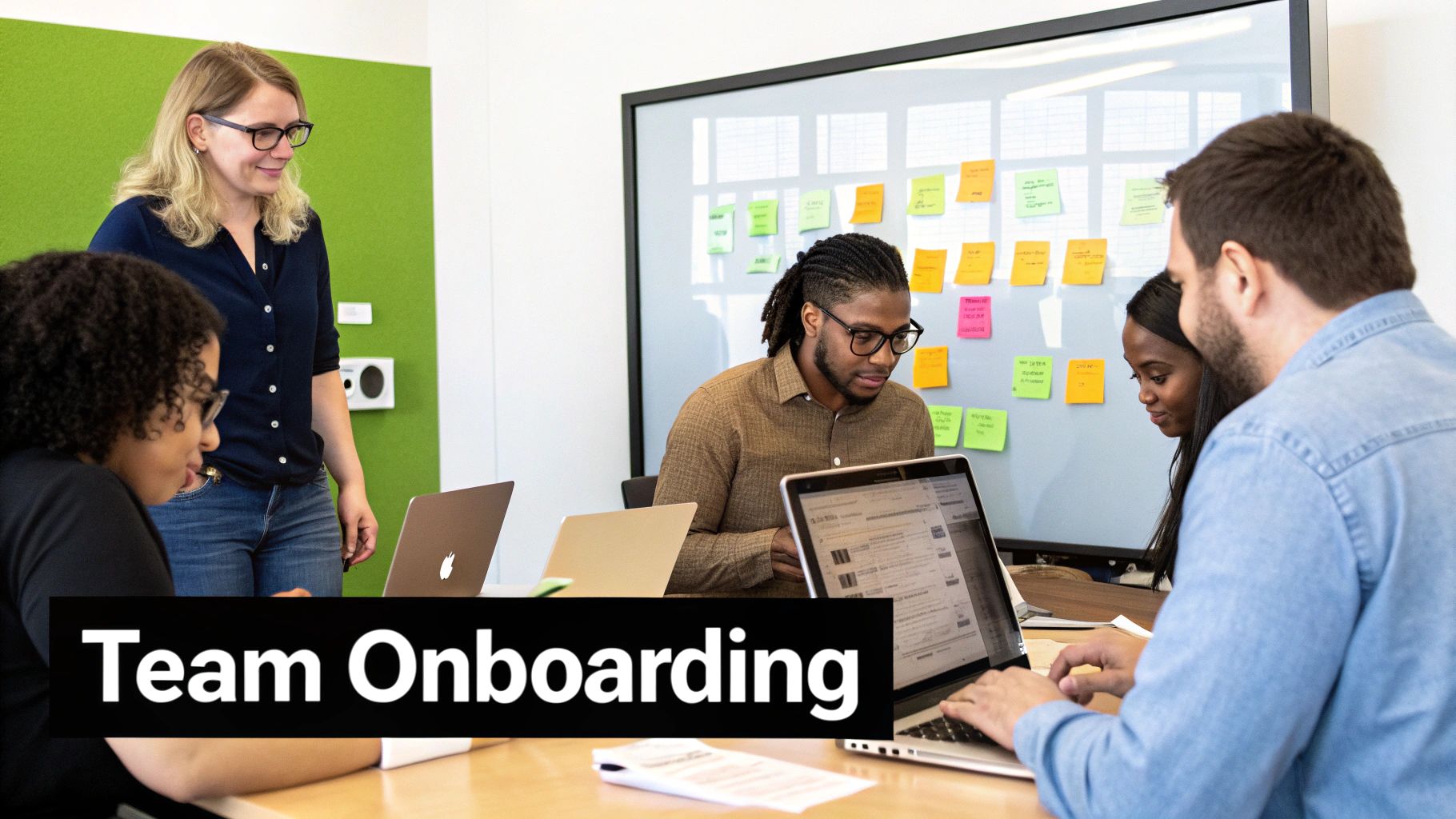Diverse team members collaborating and learning together during an onboarding session in an office.