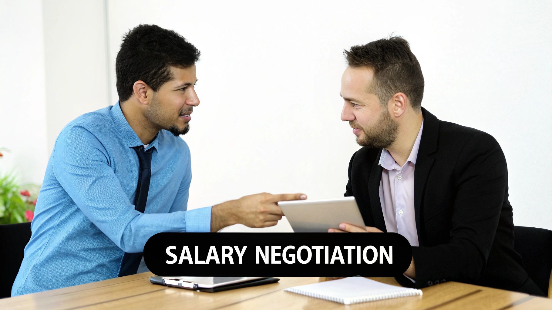 Two men in a business meeting, one pointing at a tablet held by the other, discussing salary negotiation.