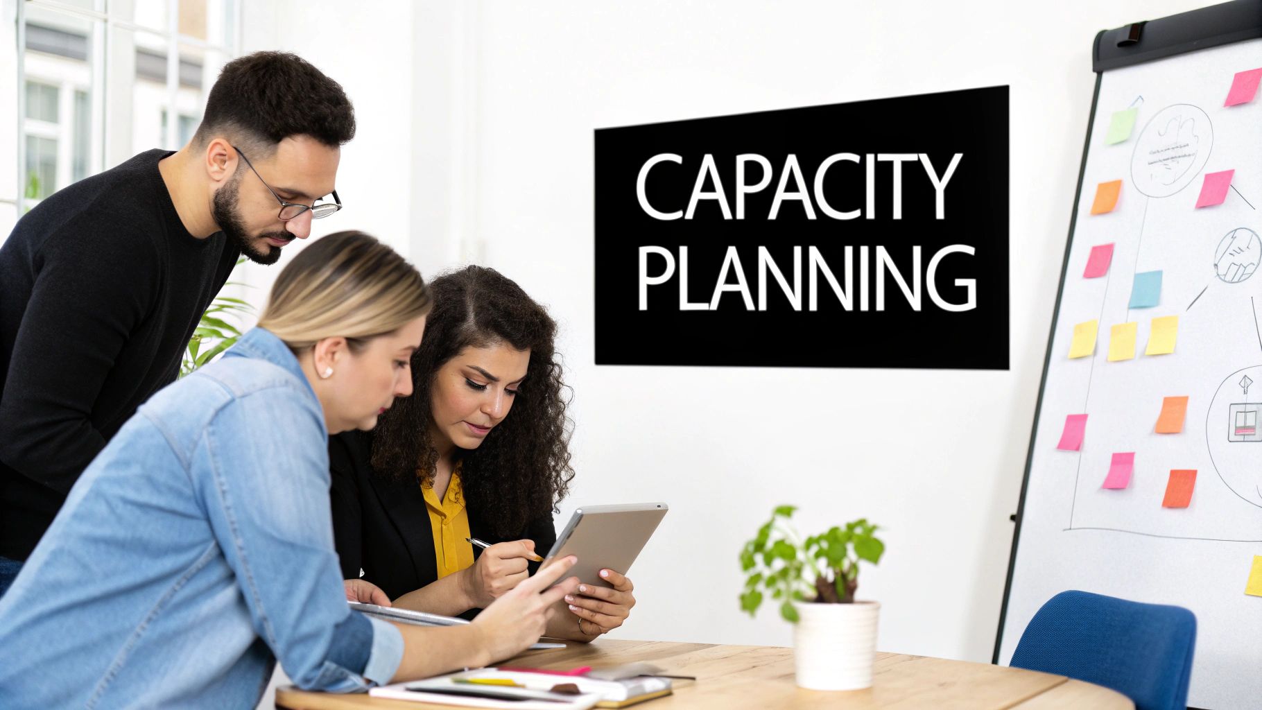 Business professionals collaborating on capacity planning strategies in a modern office environment.