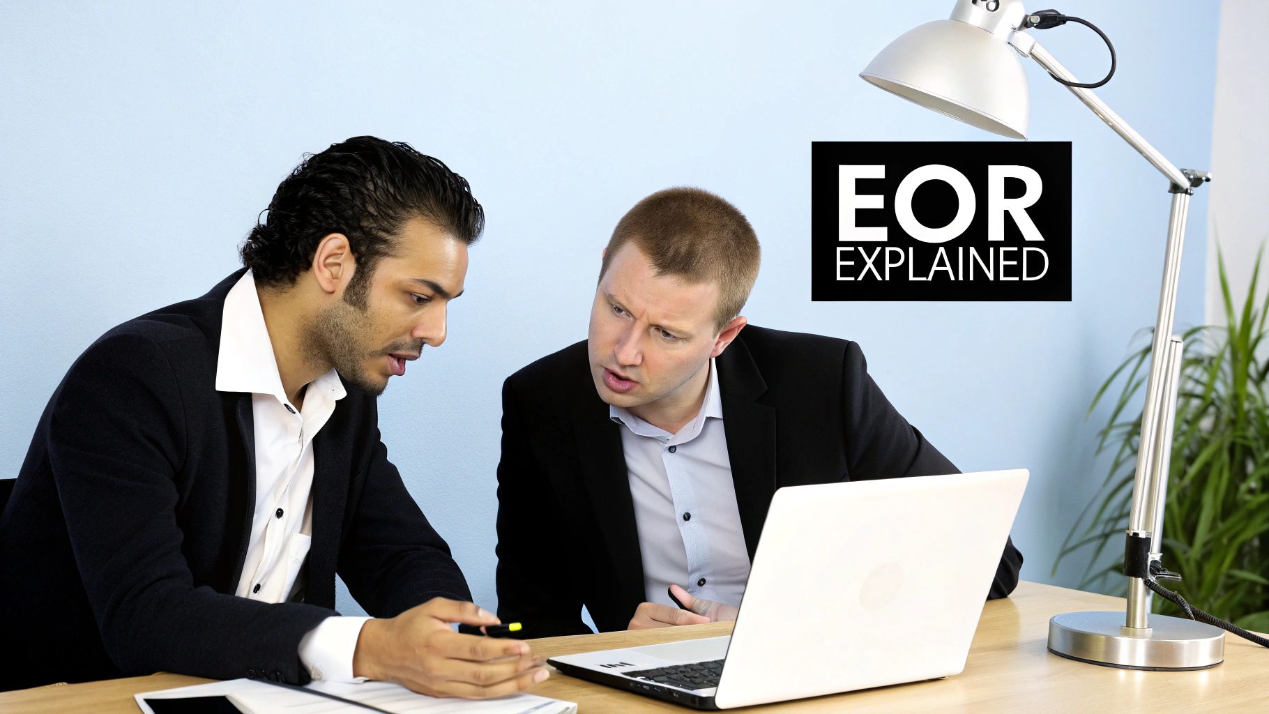 Two business professionals discussing 'EOR Explained' with a laptop and documents at a desk.