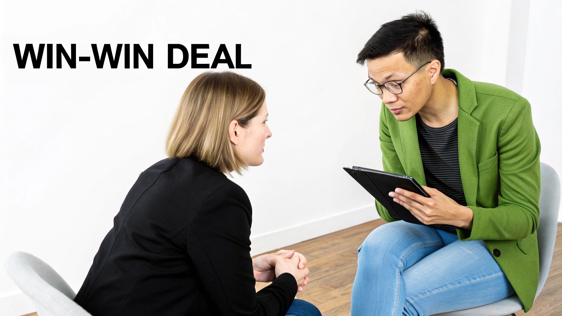 A man in a green jacket holds a tablet while talking to a woman, with 'WIN-WIN DEAL' text.