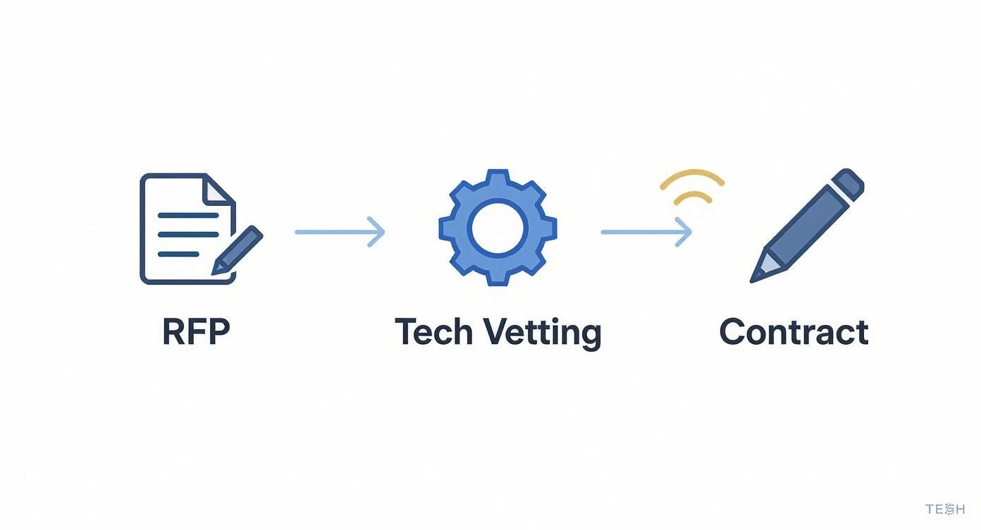 A flowchart illustrating the process from Request for Proposal (RFP) to Tech Vetting and finally to Contract.