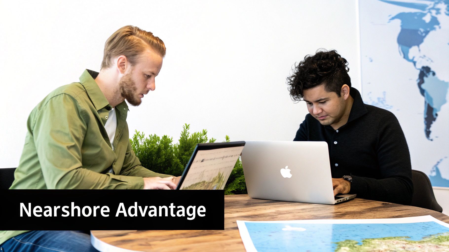 Two male software developers intensely working on laptops at a wooden desk with a world map.