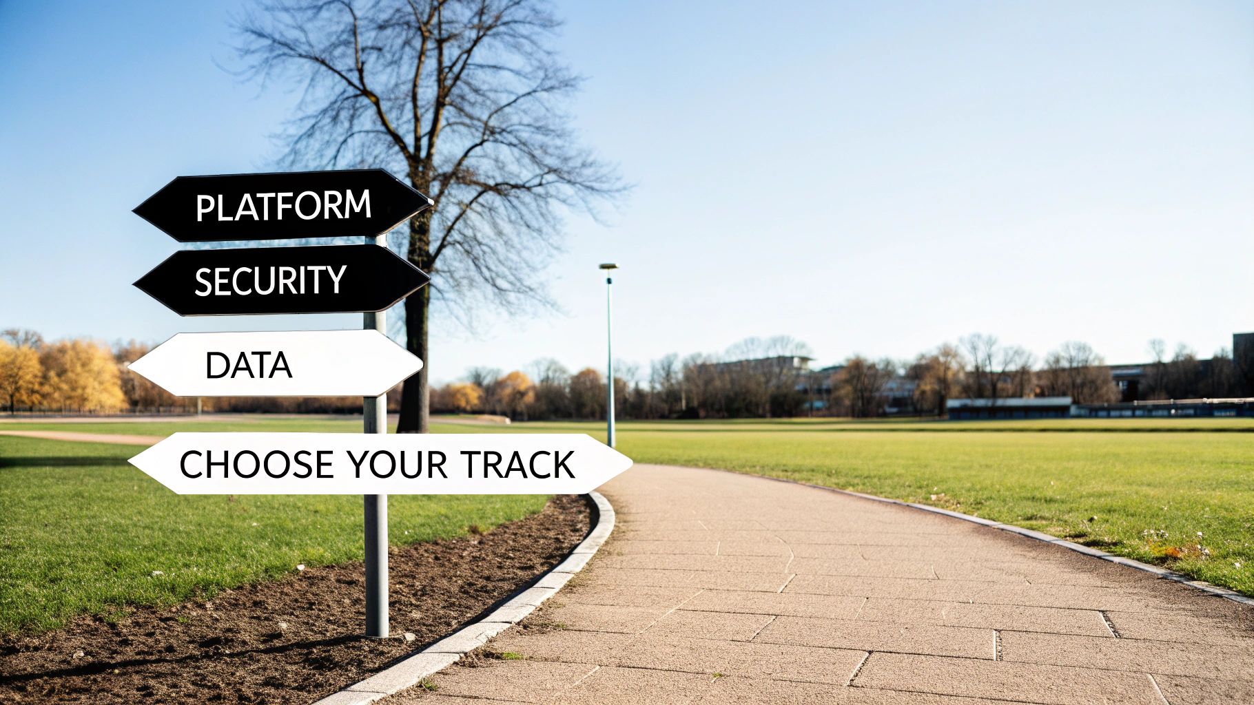 A signpost with arrows pointing left showing choices like 'PLATFORM', 'SECURITY', 'DATA', and 'CHOOSE YOUR TRACK'.