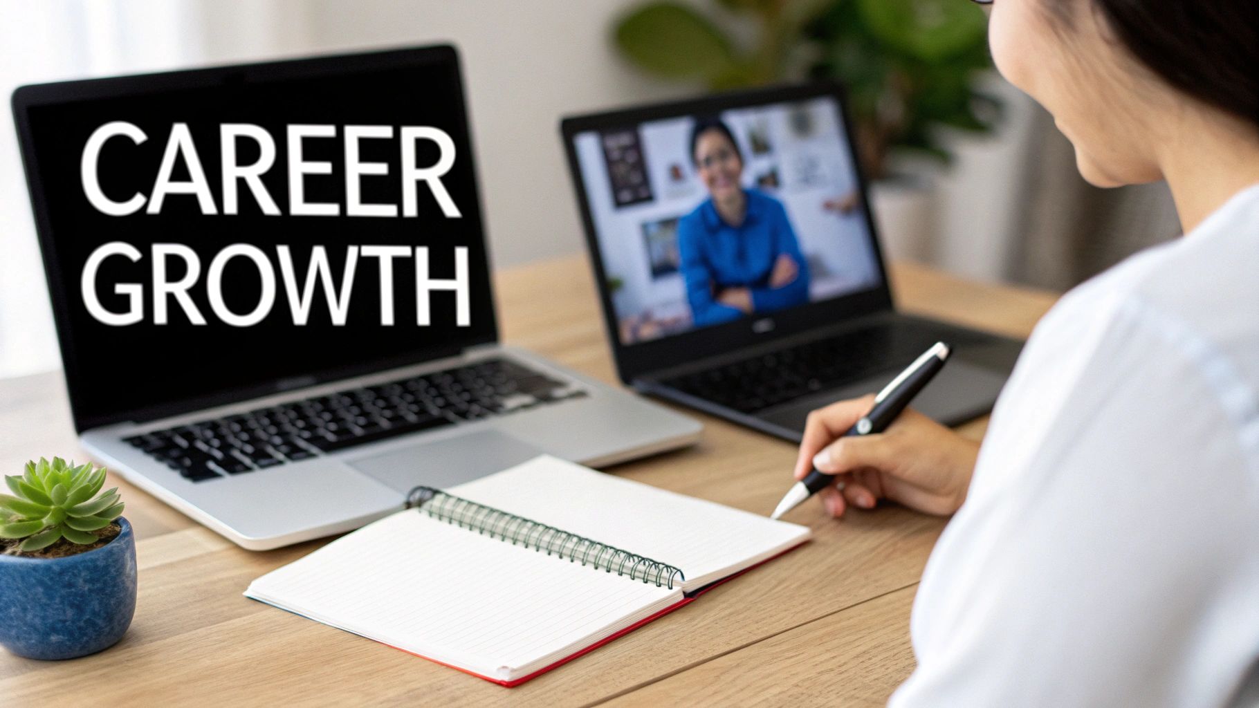 Person taking notes during an online career growth session with two laptops on a wooden desk.