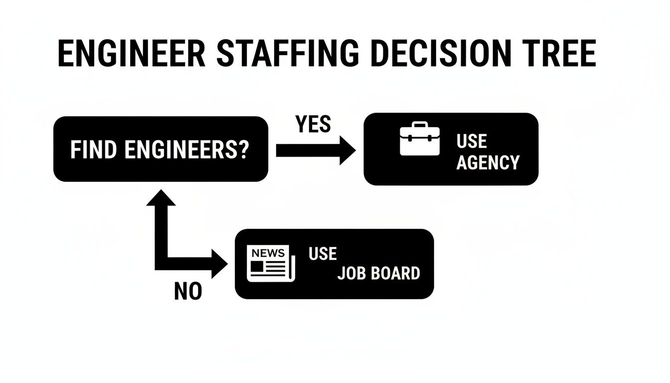 A decision tree illustrating the process for engineer staffing: Find engineers? Yes, use agency. No, use job board.