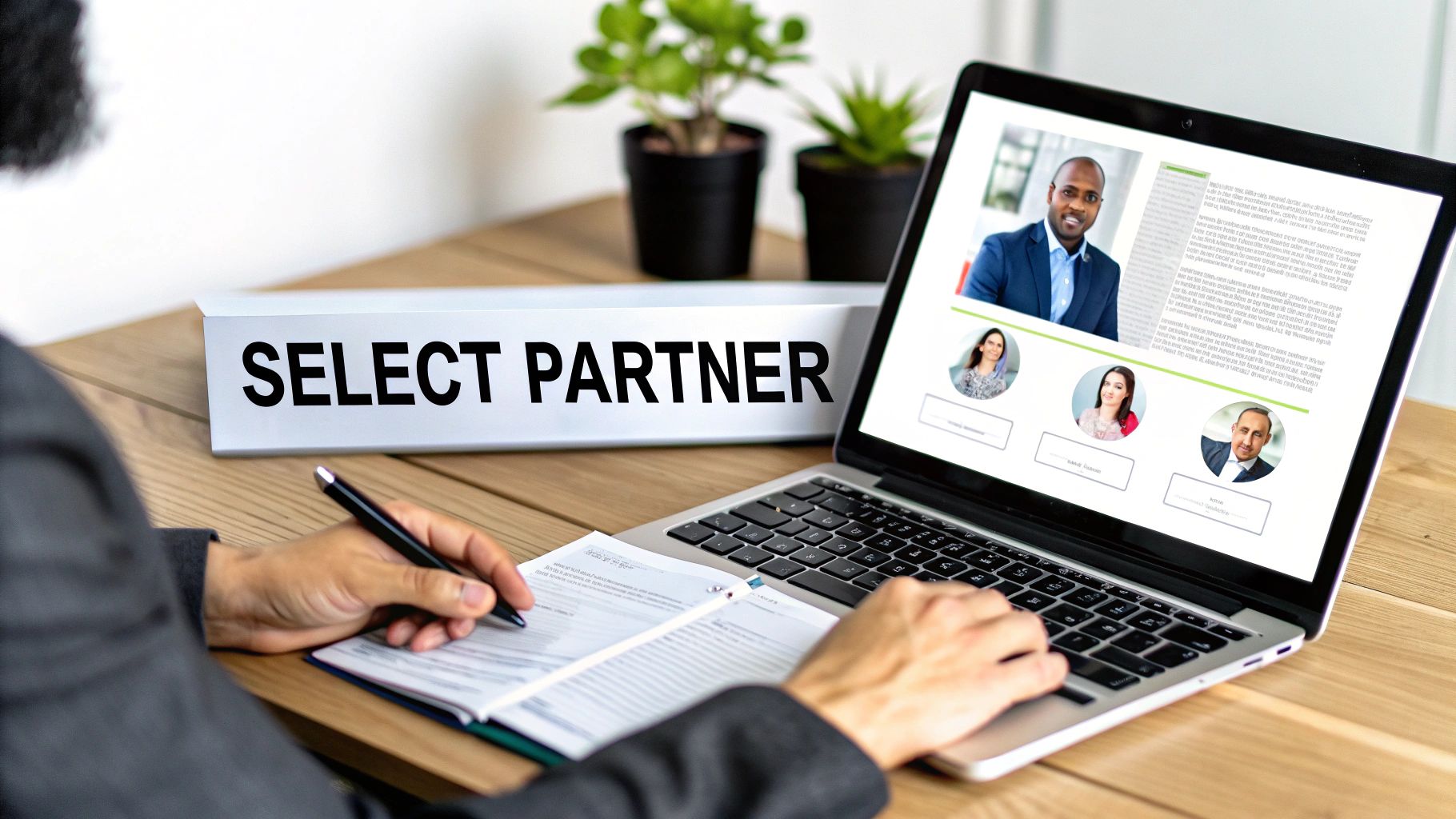 Professional reviewing candidate profiles on laptop screen to select partner from staffing agency