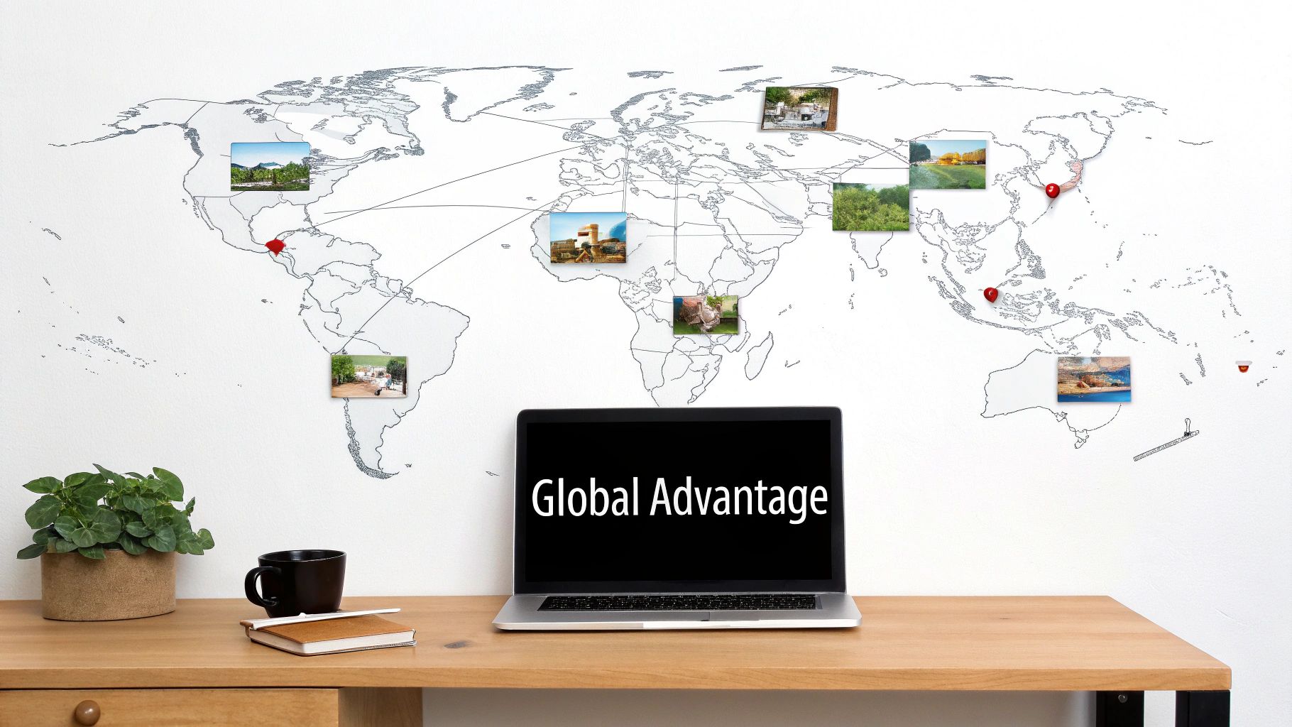 Laptop displaying Global Advantage text with world map showing international business locations and connections