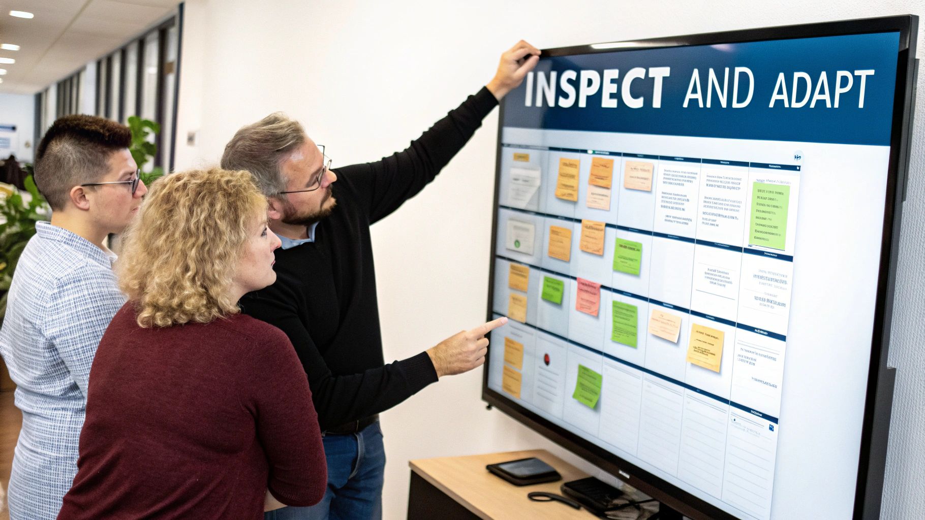 Three colleagues collaborate on a digital scrum board displaying tasks and 'Inspect and Adapt'.