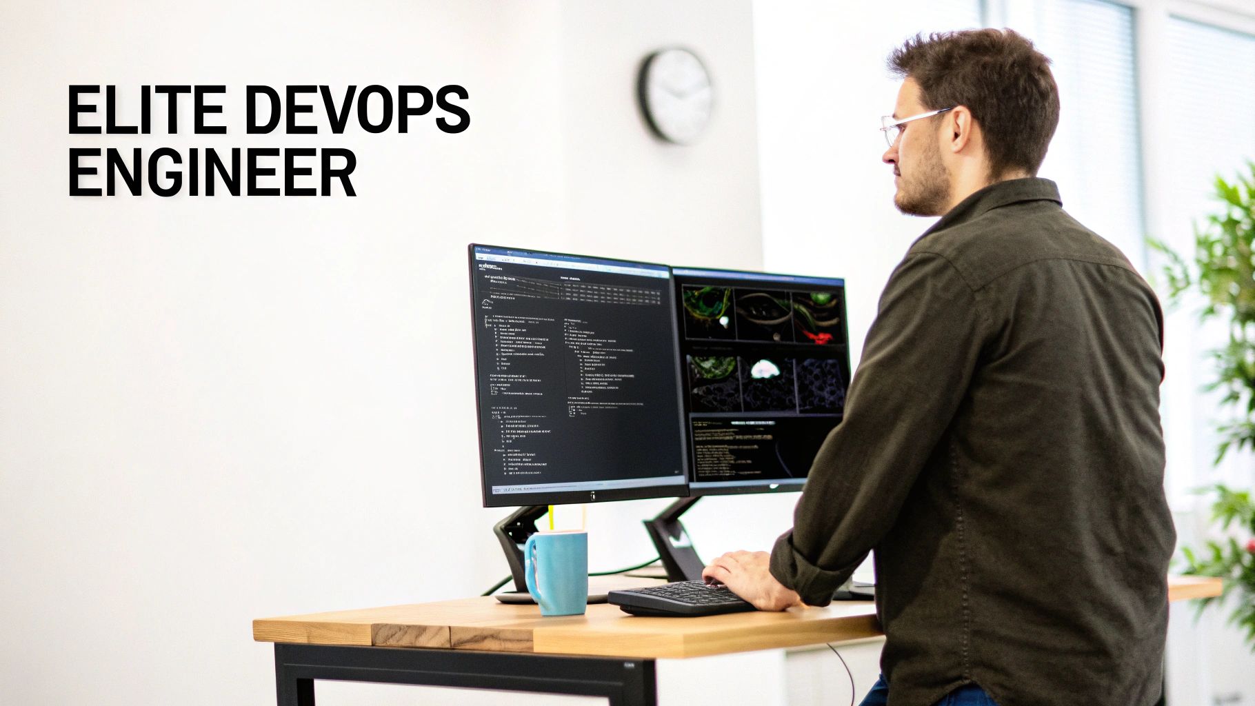 An elite DevOps engineer with glasses works on dual monitors displaying code and data.