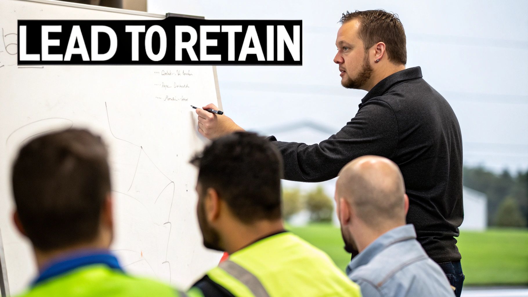 A man writing on a whiteboard, leading a training session for a group with 'LEAD TO RETAIN' overlay.