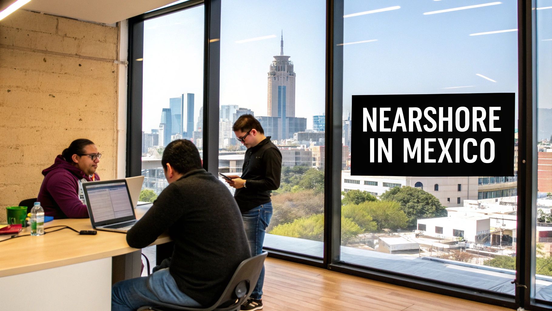 A team of software developers collaborating in a modern office in Mexico.
