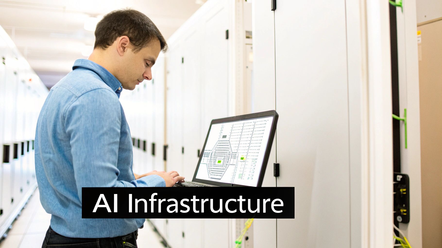 IT professional managing AI infrastructure systems using laptop in modern data center server room