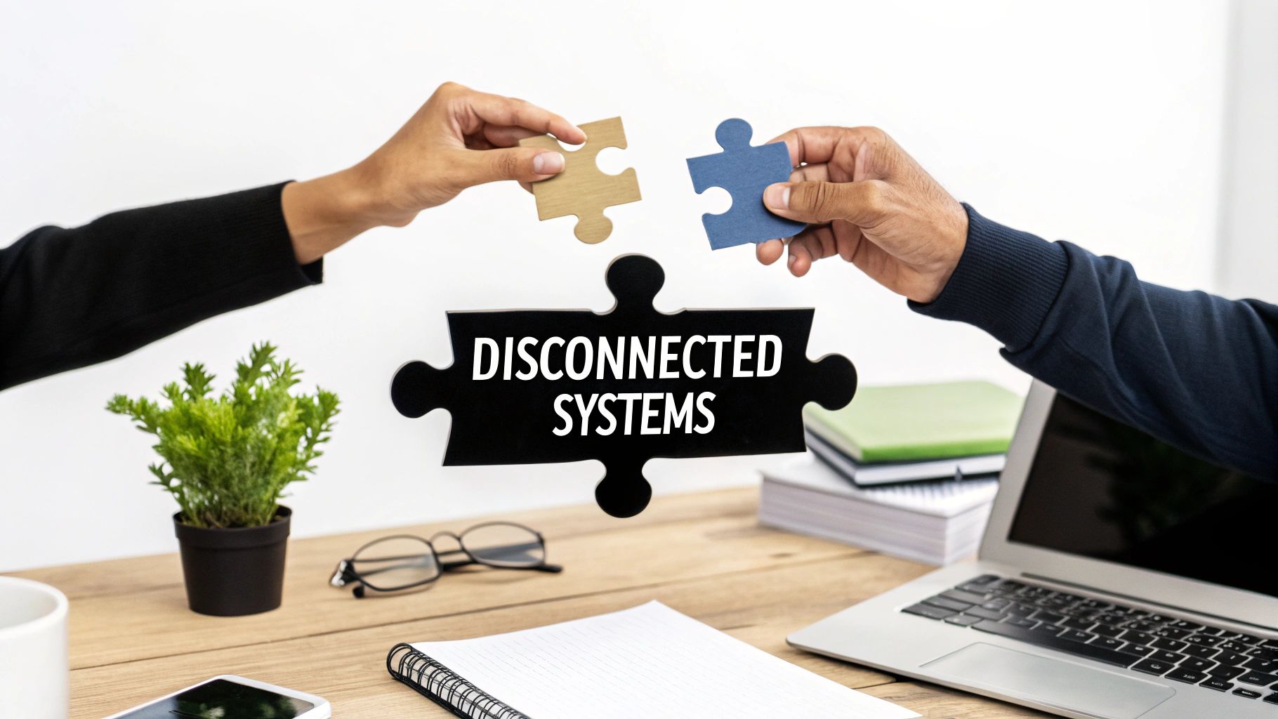 A frustrated person sits at a desk cluttered with papers and multiple computer screens showing different data, representing disconnected systems.