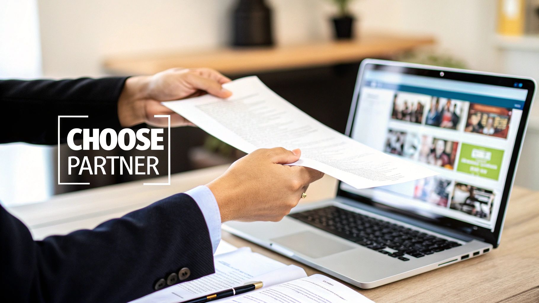 Hands exchanging a document over a desk with a laptop, suggesting a business partnership.