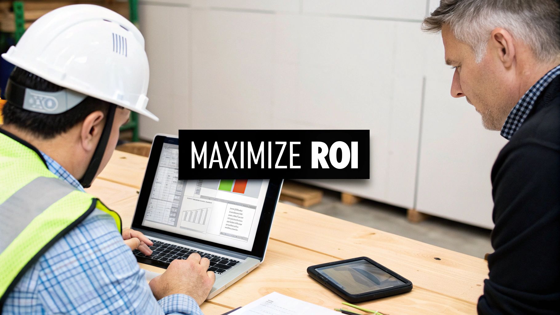 Construction worker and manager reviewing ROI analytics dashboard on laptop to maximize returns