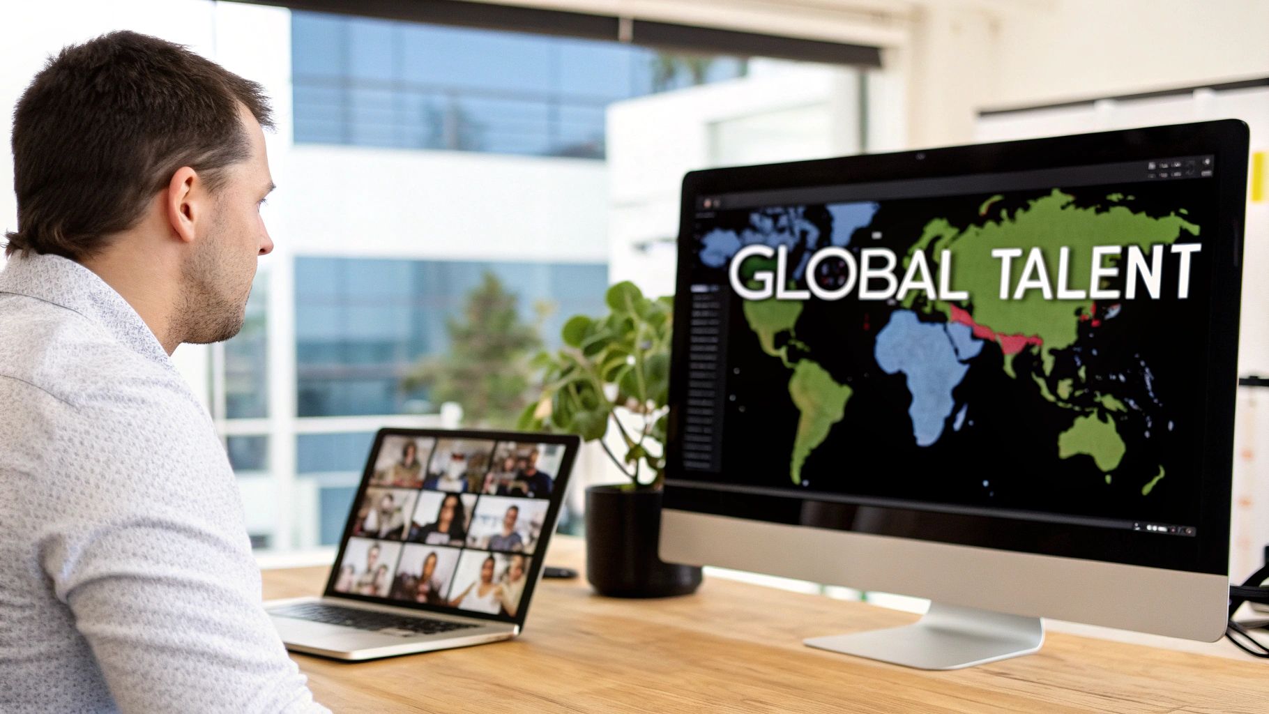 Man in office viewing a video call on a laptop and a 'GLOBAL TALENT' world map on a desktop monitor.