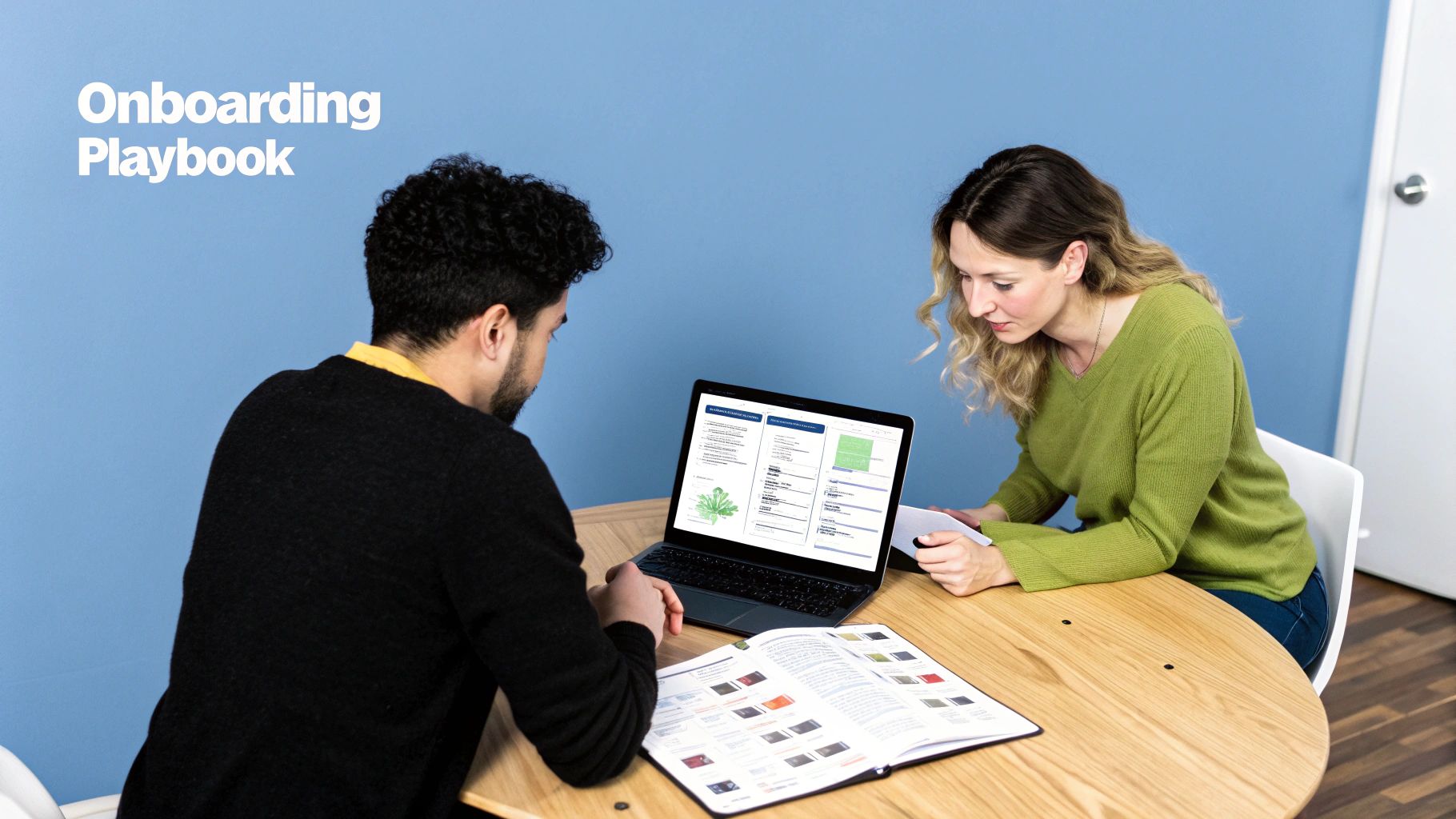 Two professionals review an onboarding playbook document on a laptop and physical materials.