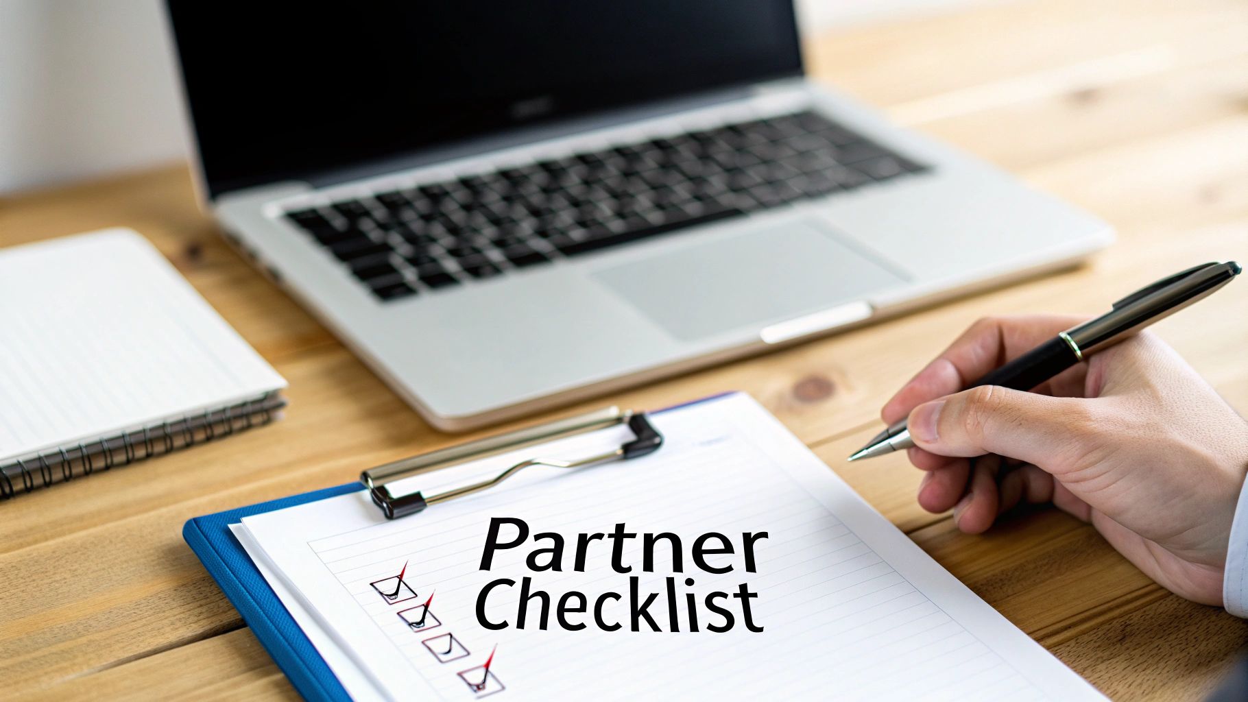 A hand holding a pen, checking items on a 'Partner Checklist' document with a laptop.
