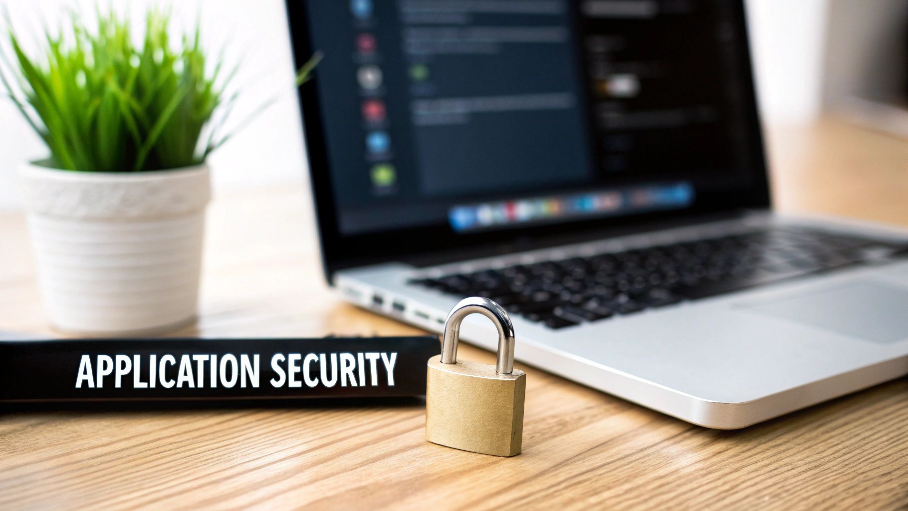 A laptop, a padlock, and a sign saying 'APPLICATION SECURITY' on a wooden desk, symbolizing digital protection.