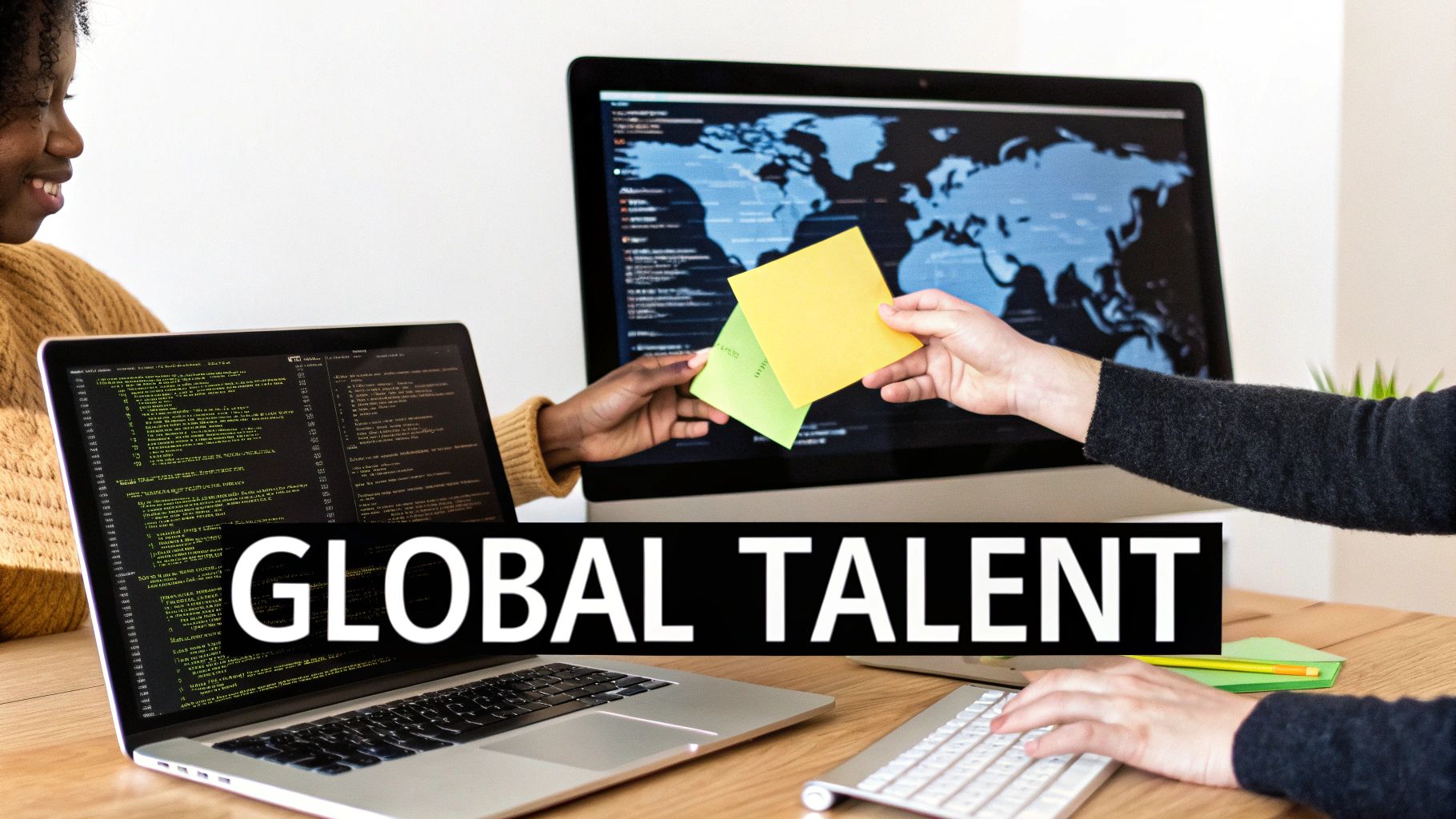 Smiling tech professionals exchanging ideas over laptops, demonstrating global talent collaboration.