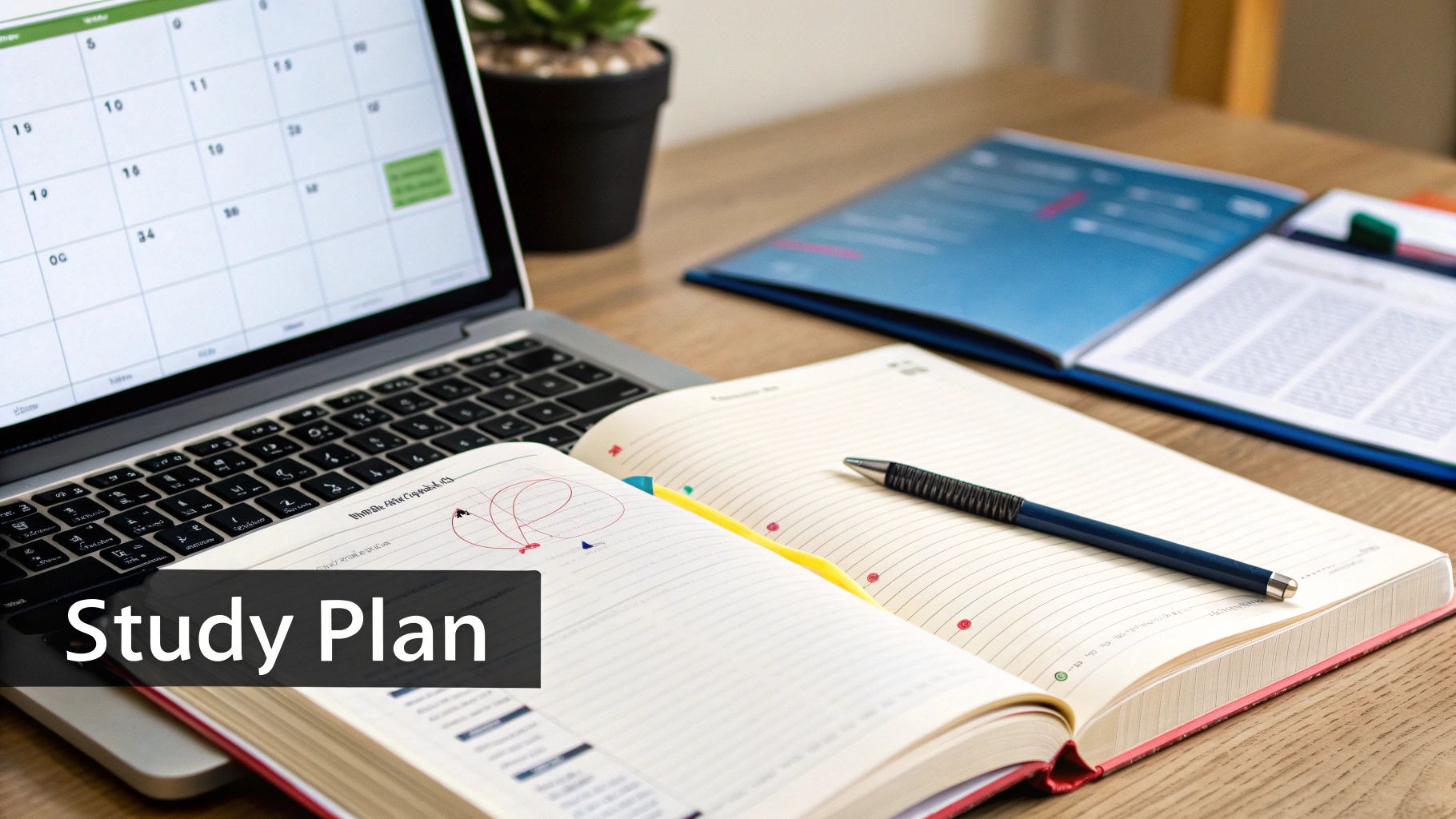 A laptop showing a calendar, an open notebook with a pen, and books on a wooden desk, illustrating a study plan.
