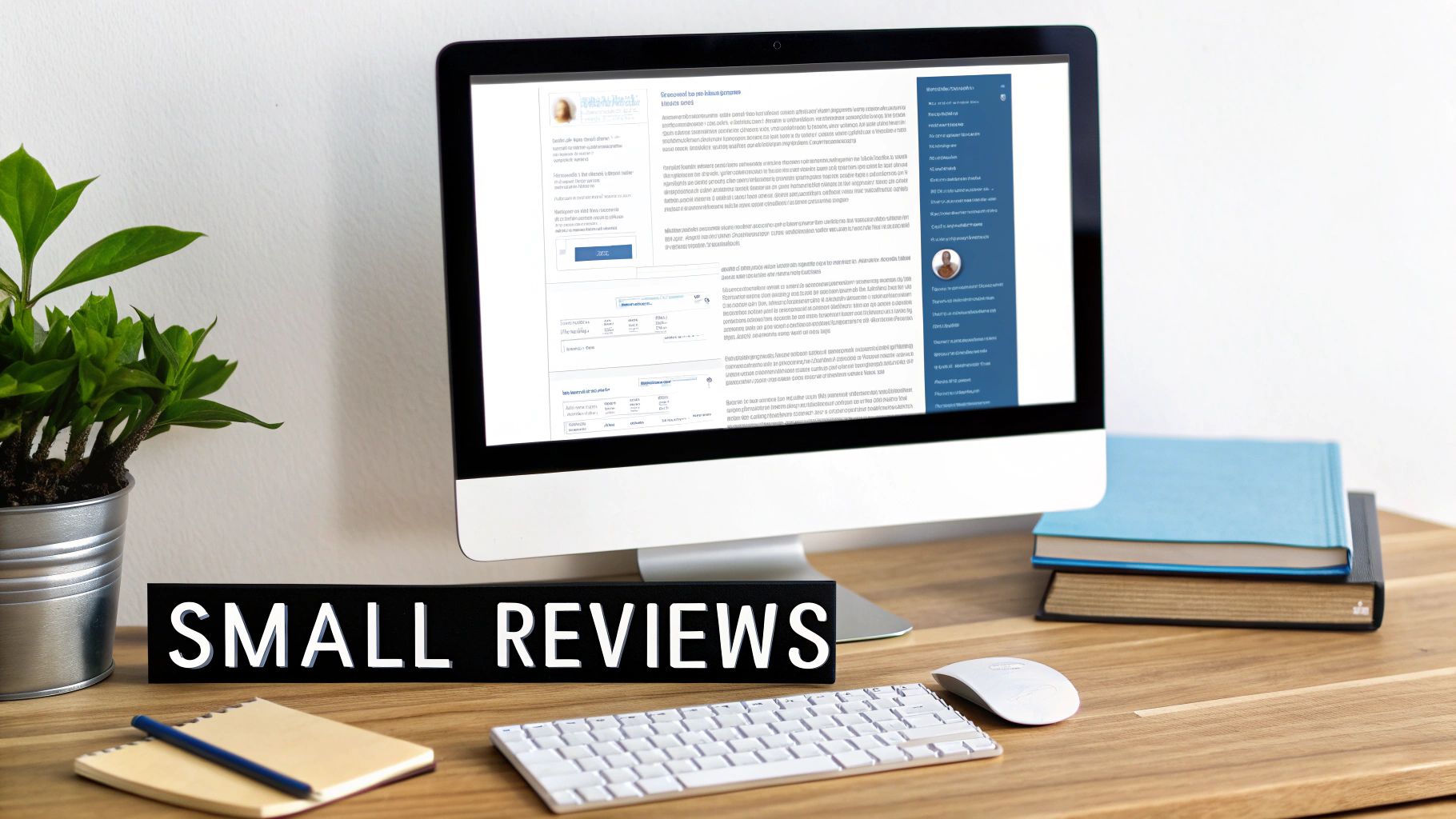 A clean desk setup with a monitor displaying a website, a plant, books, and a 'SMALL REVIEWS' sign.